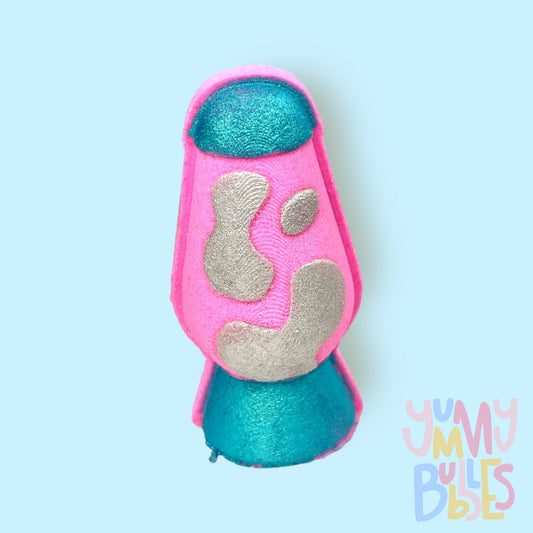 Pink lava lamp shaped bath bomb painted with blue and white
