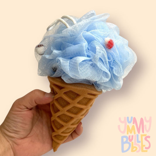Ice cream shaped bath sponge with loofa in blue