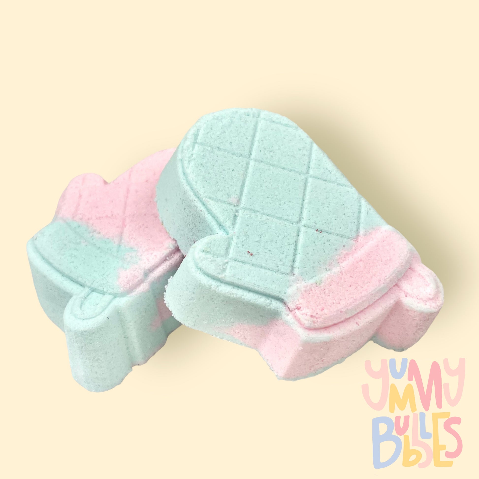 Light blue and light pink oven mitt shaped bath bomb