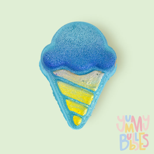 Blue Ice cream cone shaped bath bomb painted with a blue gradient and a yellow cone