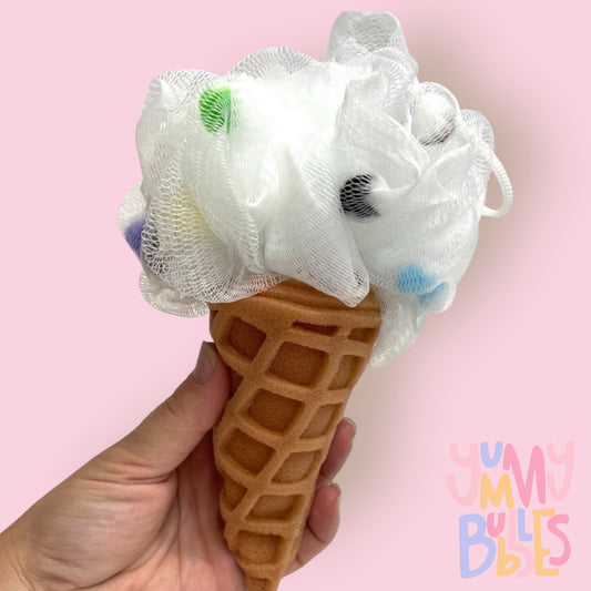 Ice cream shaped bath sponge with loofa in white
