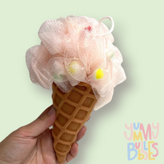 Ice cream shaped bath sponge with loofa in pink