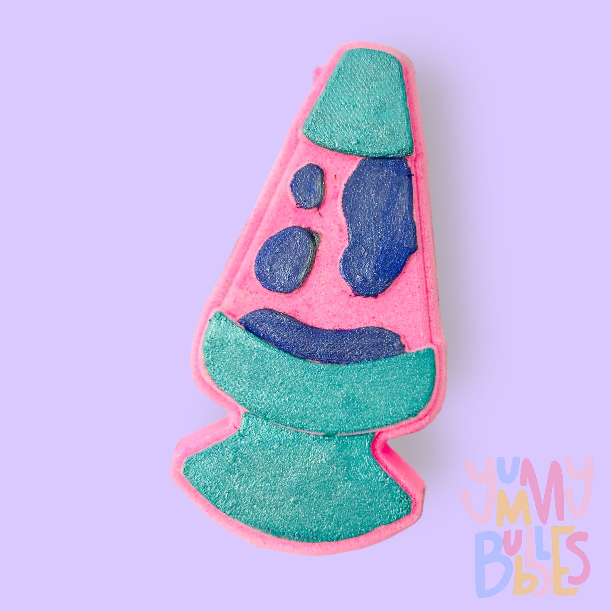 Pink lava lamp shaped bath bomb painted with light and dark blue