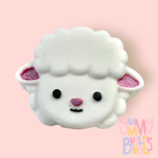 White lamb shaped bath bomb painted with light pink and black