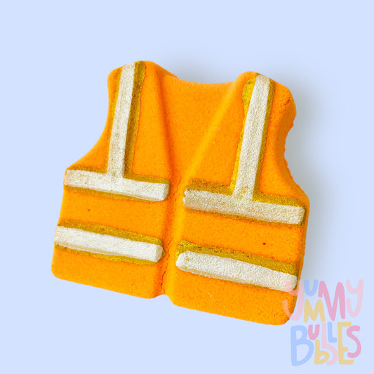 Orange construction vest shaped bath bomb with white and orange painted stripes
