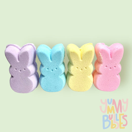 4 different colored peep shaped bath bombs