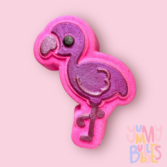 pink flamingo shaped bath bomb painted with dark and light pink