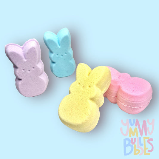 4 different colored peep shaped bath bombs