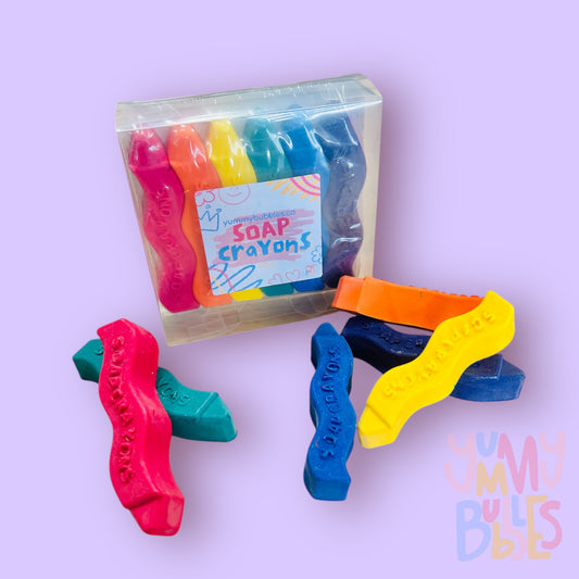 Pack of 6 Soap wax crayons consisting of a red, orange, yellow, teal, light blue, and dark blue crayon.
