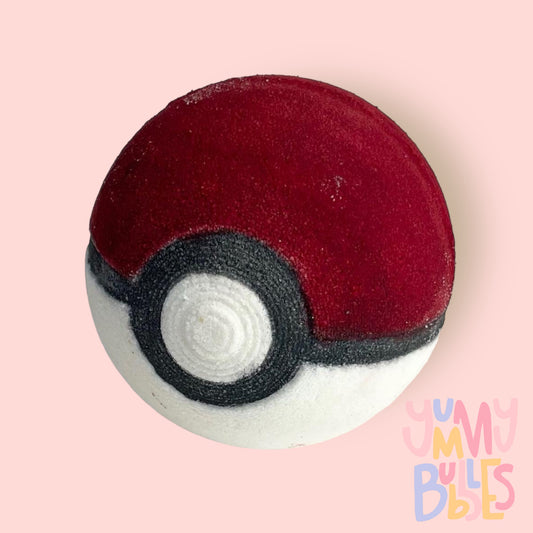 Sphere poke ball shaped bath bomb painted with red and black