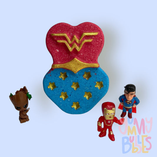 red and blue wonder-woman shaped bath bomb painted with gold