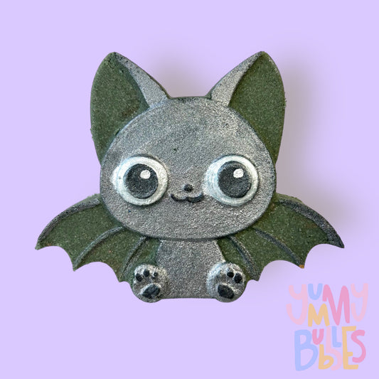 black bat shaped bath bomb with black and white paint