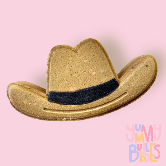 Brown cowboy hat shaped bath bomb with black paint