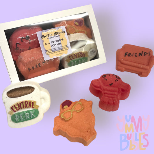friends themed bath bomb set containing a lobster shape, turkey shape, central park coffee shape, and friends couch shape.