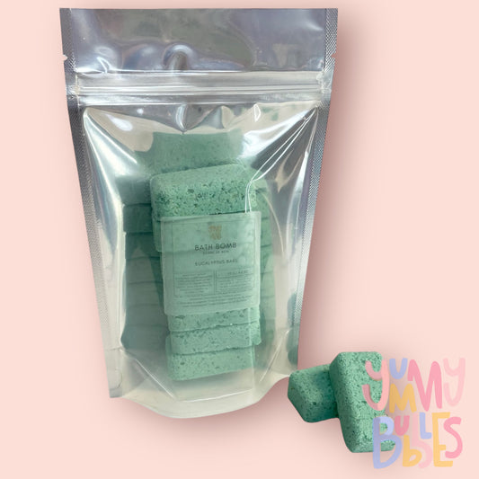 seven rectangular teal eucalyptus scented bath bomb bars in a bag