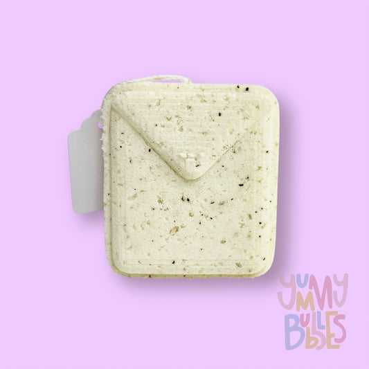 White tea bag shaped bath bomb