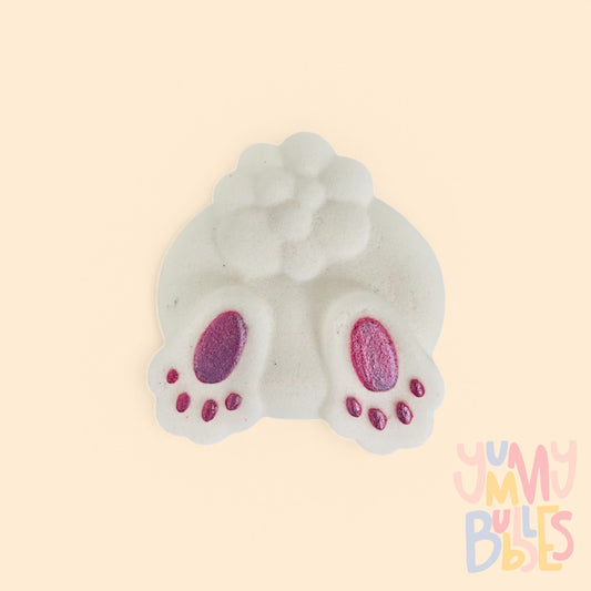 White bunny bum shaped bath bomb with pink painted feet